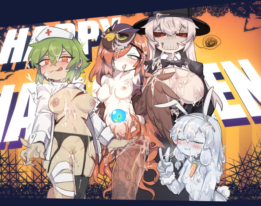 4girls :3 :q annoyed blue_eyes blush bow bowtie breasts breasts_out bunny_costume bunny_ears closed_eyes costume cum cum_in_pussy cum_on_body cum_on_breasts cum_on_face cum_on_hair cum_on_tongue demon_eye_(terraria) eyes_closed fake_animal_ears female female_only garter_belt garter_straps green_hair hair_over_one_eye halloween looking_away mask monster_girl multiple_girls naked nude nurse nurse_cap nurse_outfit nyong_nyong orange_eyes owl peace_sign pubic_hair pussy red_eyes red_hair skeleton skindentation slime slime_(terraria) slime_girl small_breasts suit tendrils tentacle terraria text thighhighs top_hat v v_sign white_hair yellow_eyes zombie zombie_girl