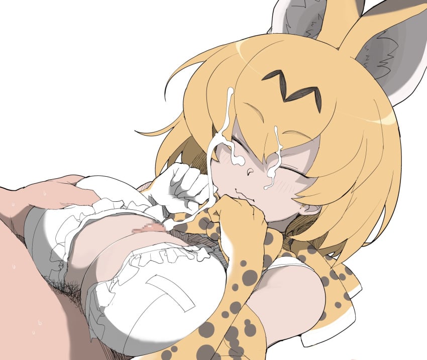 1boy animal_ear_fluff animal_ears blonde_hair blush bow bowtie breast_hold breasts breasts_squeezed_together cat_ears cat_girl censored cleavage cum ejaculation extra_ears facial female frilled_shirt frills gloves grabbing grabbing_another's_breast henyaan_(oreizm) highres kemono_friends large_breasts mosaic_censoring open_clothes open_shirt orange_bow orange_bowtie paizuri paizuri_facial penis print_bow print_bowtie print_gloves serval_(kemono_friends) serval_print shirt white_shirt