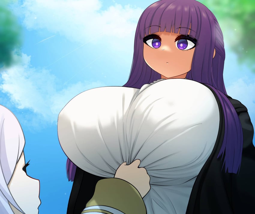 2girls elf female female_only fern_(sousou_no_frieren) frieren gigantic_breasts huge_breasts mage multiple_girls nipple_bulge purple_eyes purple_hair solo_focus sousou_no_frieren tagme the_only_shoe white_hair