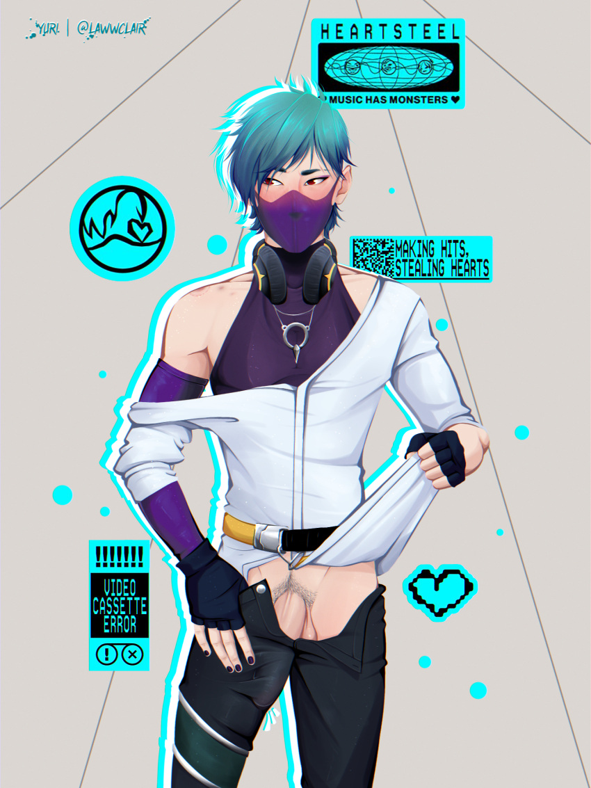 aphelios bishonen blush bulge bulge_through_clothing cyan_hair gloves heartsteel_aphelios heartsteel_series lawwclair league_of_legends looking_away male male_only mask masked no_underwear pants red_eyes skinny solo solo_male white_shirt