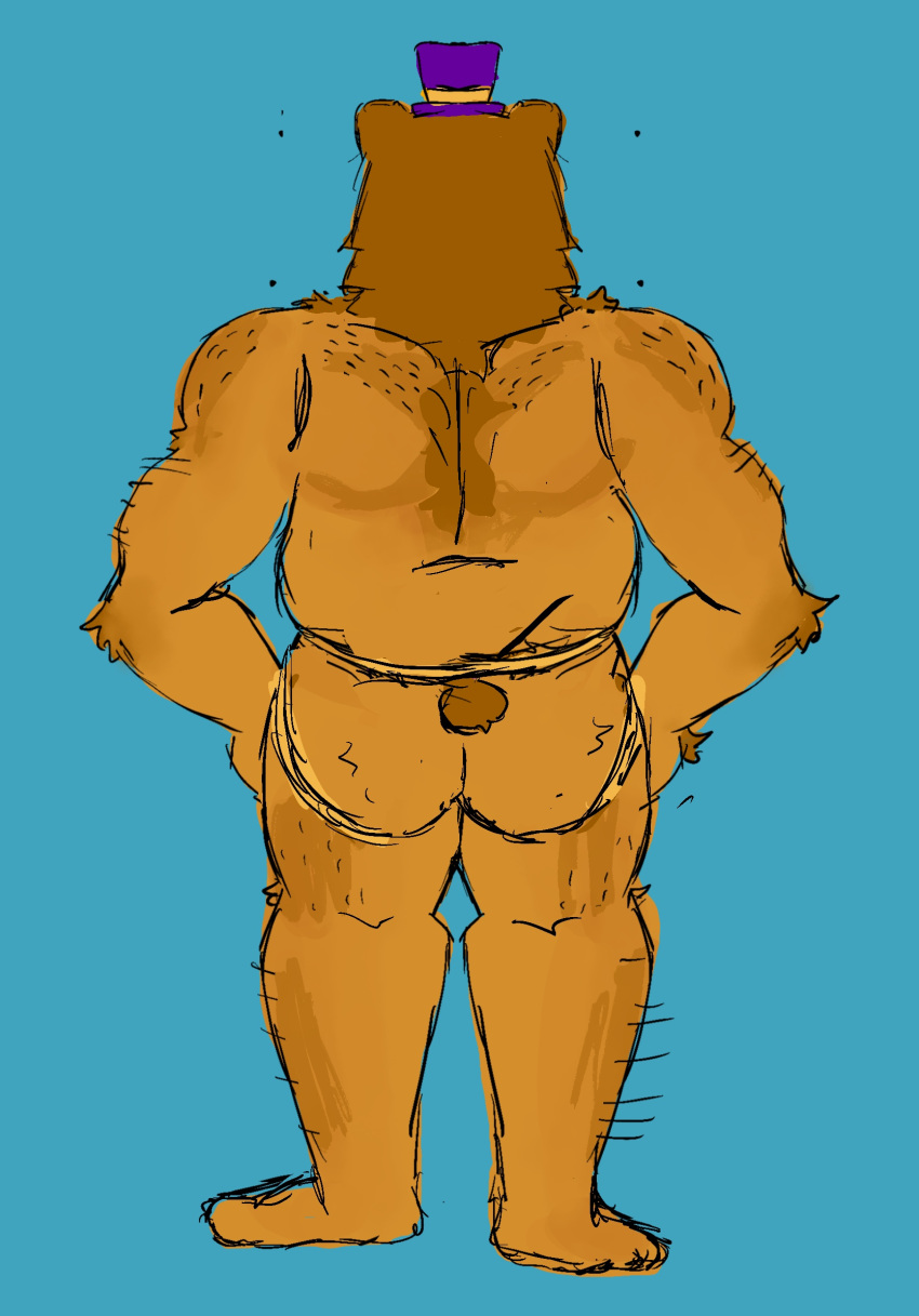 animatroic ass back_hair bear big_butt body_hair chest_tuft clothing cybernetics cyborg five_nights_at_freddy's five_nights_at_freddy's_4 for_a_head fredbear_(fnaf) freddy_(fnaf) funkybirddude_(artist) hairy_legs hands_on_hips hat headgear headwear hi_res jockstrap machine male male/male male_only mammal musclegut pubes scottgames solo thick_thighs top_hat top_hat_only tuft underwear ursine