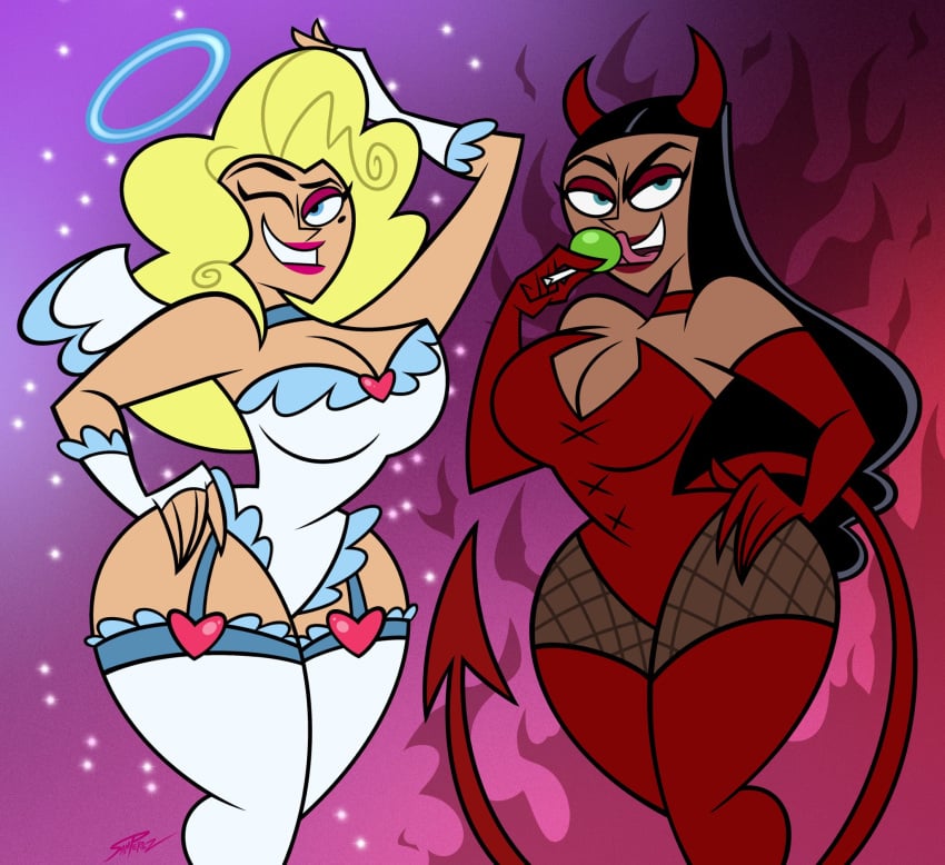 2girls angel_costume angel_wings big_breasts black_hair blonde_hair cleavage curvy danny_phantom dark-skinned_female dawna_phantom devil_costume devil_horns devil_tail female fishnet_stockings fishnets garter_straps halo light-skinned_female nickelodeon nicktoons original_character paulina_sanchez samperez thick_thighs thigh_highs thighhighs voluptuous wide_hips