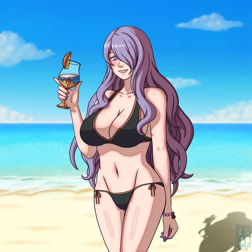 1girls 4thanysc alternate_costume bare_legs beach bikini black_bikini black_swimsuit blue_sky breasts camilla_(fire_emblem) cleavage fire_emblem fire_emblem_fates large_breasts nintendo ocean purple_eyes purple_hair sand sokloeum swimsuit