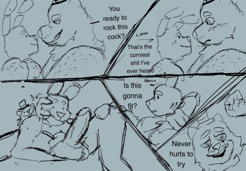 animatronic anthro ball_fondling balls bear blush blush_lines body_hair buckteeth clothing comic cybernetics cyborg dialogue duo embrace english_text fellatio five_frame_image five_nights_at_freddy's five_nights_at_freddy's_3 five_nights_at_freddy's_4 fondling foreplay fredbear_(fnaf) freddy_(fnaf) funkybirddude gay genitals growling hairy_balls handjob hat headgear headwear hug humanoid imminent_kiss imminent_sex irrumatio lagomorph leporid lying machine male male/male male_only mammal monochrome nervous no_color nude on_back oral penile profanity pubes rabbit robot rough_sketch scottgames sex smile snarling solo spring_bonnie spring_bonnie_(fnaf) springtrap springtrap_(fnaf) talking_to_another teasing teeth text top_hat ursine