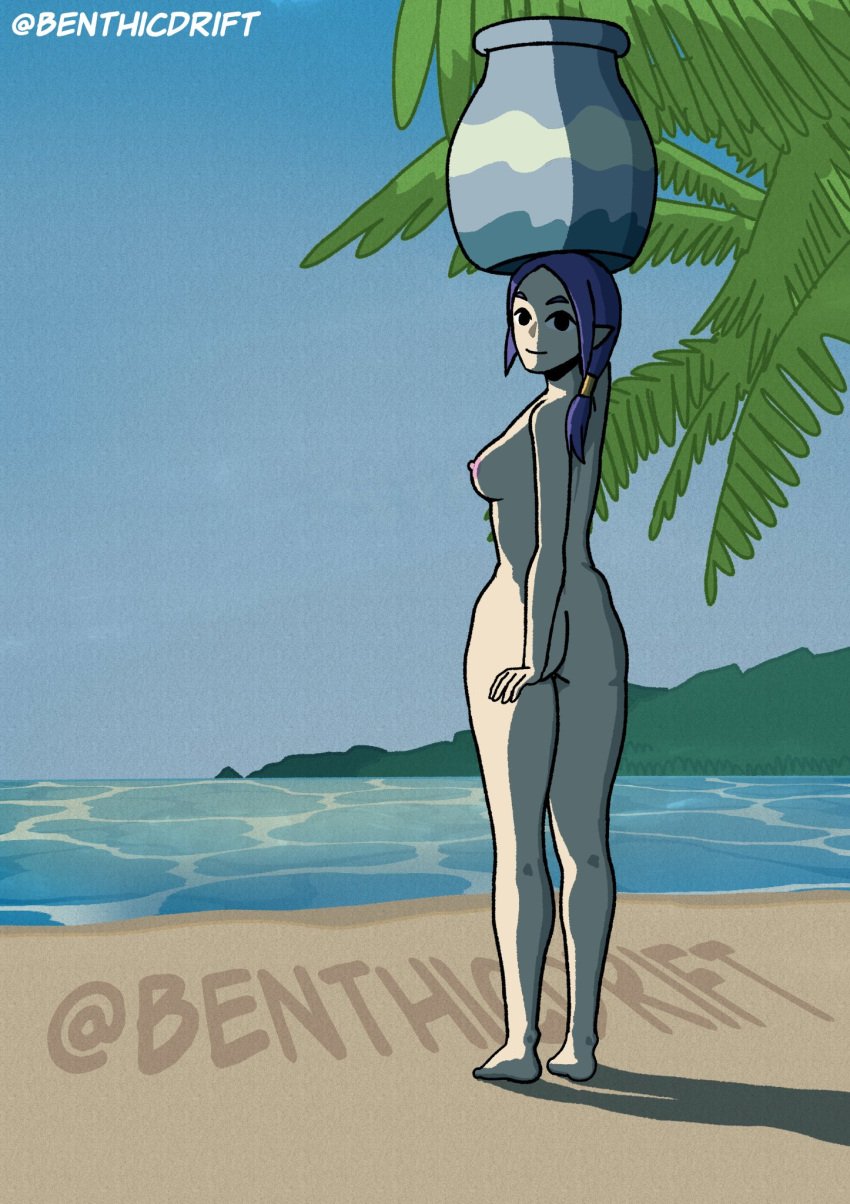 1girl 1girls ass beach benthicdrift breasts butt female female_focus female_only looking_at_viewer looking_back naked naked_female nude nude_female pot pot_on_head purple_hair solo_female sue-belle tagme the_legend_of_zelda the_wind_waker wind_waker