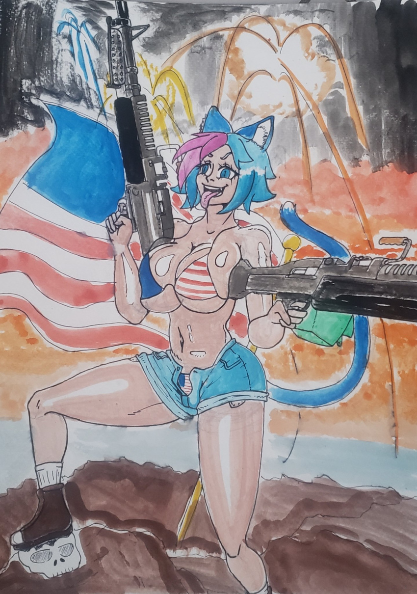 1girls 4th_of_july american_flag american_flag_bikini blue_hair blue_tail cat_ears cat_tail catgirl explosion female female_only fireworks gun guns hand_drawn huge_breasts light-skinned_female neko_(raiden_artworks) original_character purple_highlights raiden_artworks shiny_breasts shiny_skin tagme thick_thighs