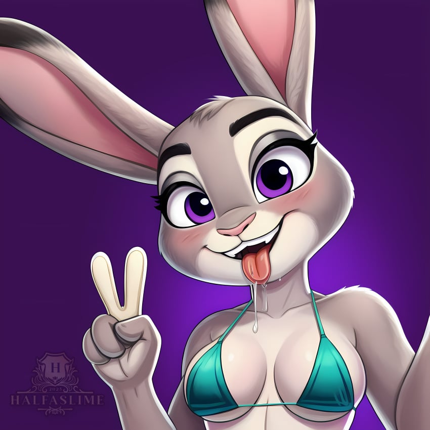 ai_generated anthro blush breasts bunny_girl clothed cyan_bikini disney drooling female grey_fur halfaslime judy_hopps looking_at_viewer peace_sign rabbit saliva solo stable_diffusion tongue tongue_out upper_body violet_eyes zootopia