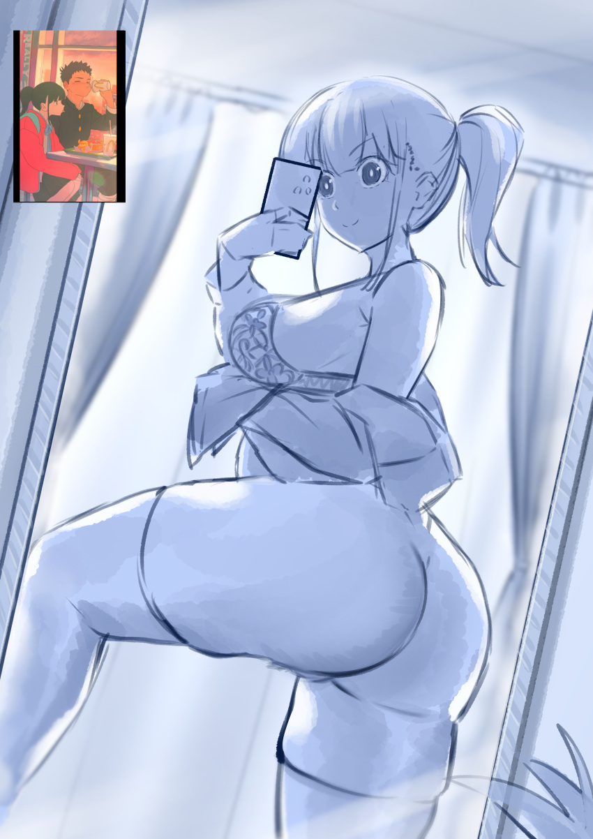 1girls big_ass big_breasts boyfriend_(japanese_mcdonald's_commercial) bra cellphone erit0ri female female_only girlfriend_(japanese_mcdonald's_commercial) huge_ass jacket_partially_removed legwear mcdonald's mirror mirror_selfie no_panties ponytail posing taking_picture thick_thighs thighhighs wip yoru_mac