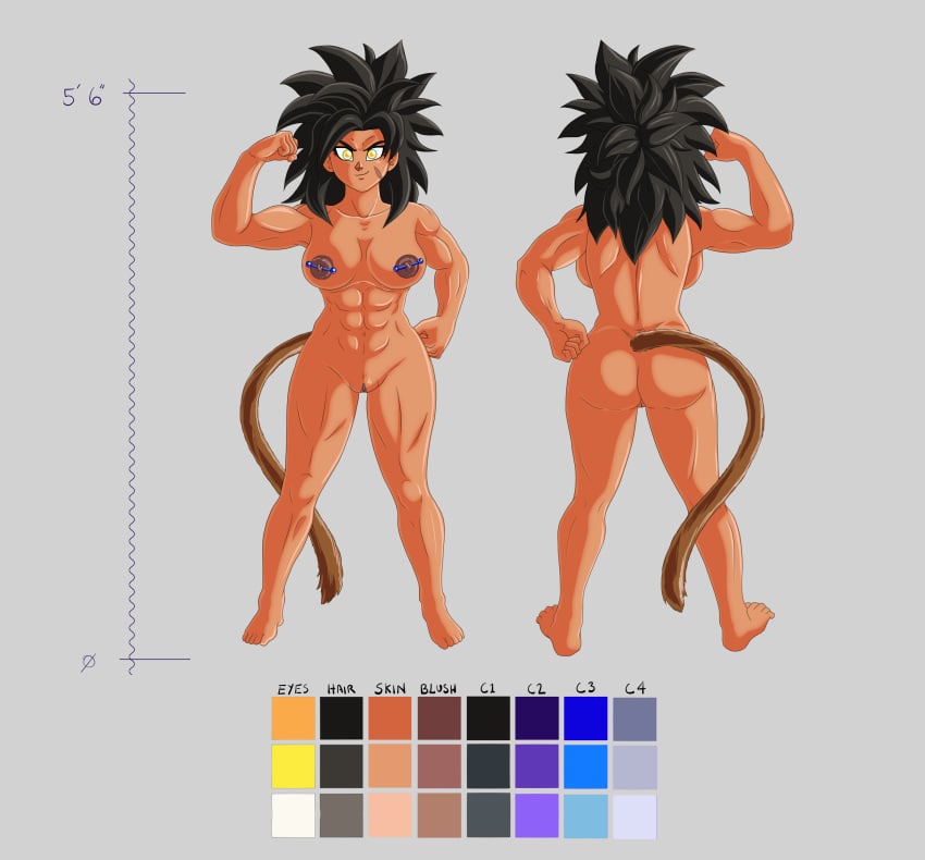 abs dark-skinned_female dragon_ball emite_(icydud3) kiido_arts original_character pierced_nipples reference_sheet saiyan spiky_hair tail tan_skin yellow_eyes