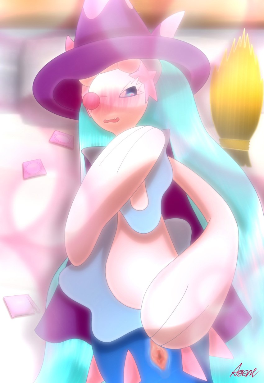 2023 absurd_res agent_0730 asterozoan blue_body blue_eyes blue_hair blurred_background blush broom censored censored_genitalia censored_pussy cleaning_tool clothing detailed_background digital_media_(artwork) echinoderm emanata eyelashes female feral generation_7_pokemon genitals hair halloween hat hat_only headgear headgear_only headwear headwear_only hi_res holidays humanoid_genitalia humanoid_pussy long_hair mammal marine mosaic_censorship mostly_nude multicolored_body nintendo open_mouth pink_nose pinniped pokemon pokemon_(species) primarina pupils purple_clothing purple_hat purple_headwear pussy shaded signature snout solo starfish starfish_(accessory) white_body white_eyelashes white_pupils wrapped_condom