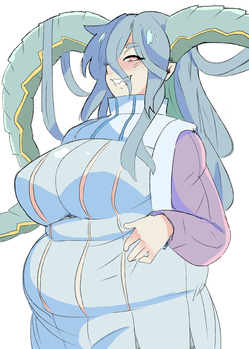 bbw big_belly dragon_girl fate_(series) green_hair heart-shaped_pupils large_breasts long_hair love_handles napolitane tagme tiamat_(fate) unusual_pupils weight_gain