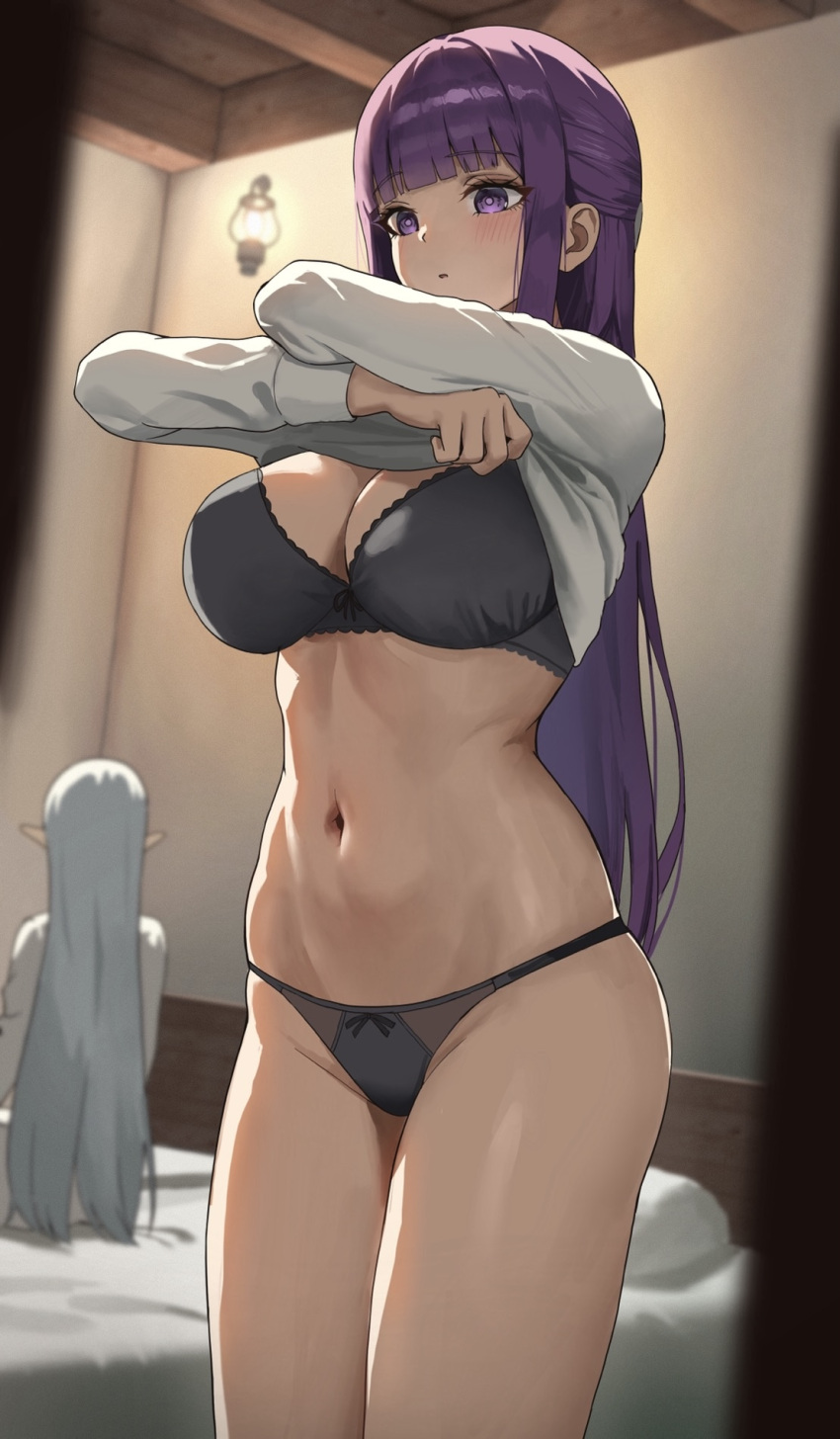 2girls anteiru bed black_bra black_panties blunt_bangs blurry blurry_background blush bra breasts cleavage commentary_request elf female female_only fern_(sousou_no_frieren) frieren hair_down highres indoors large_breasts long_hair long_sleeves multiple_girls navel on_bed panties pointy_ears purple_eyes purple_hair shirt sousou_no_frieren standing stomach thighs underwear undressing very_long_hair white_hair white_shirt