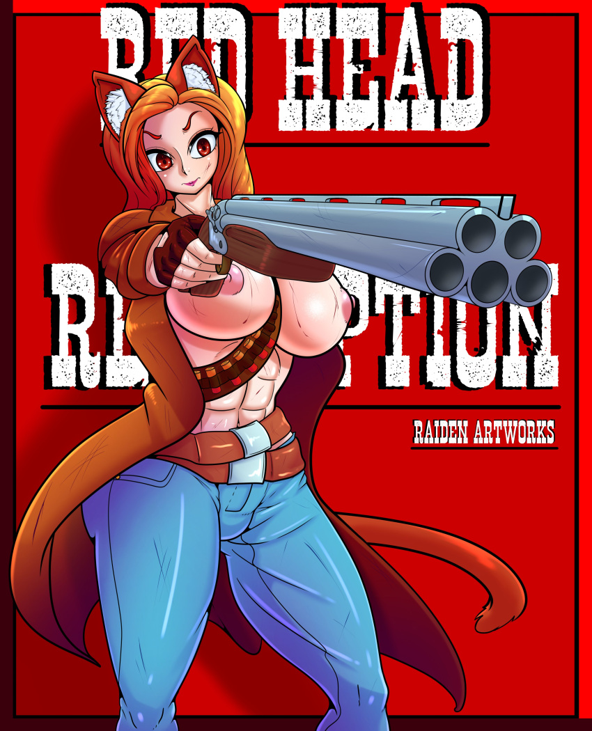 1girls big_breasts cat_ears cat_tail catgirl female female_only gun light-skinned_female meme orange_hair orange_tail original_character purple_lipstick raiden_artworks red_eyes shotgun tagme thick_thighs