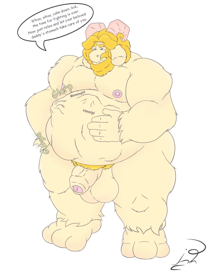 3:4 anthro asgore_dreemurr blonde_hair body_hair boss_monster bovid caprine digestion duo fur goat goat_dad hair hi_res jon_noj long_ears male male/male male_only mammal size_difference solo text undertale undertale_(series) vore white_body white_fur