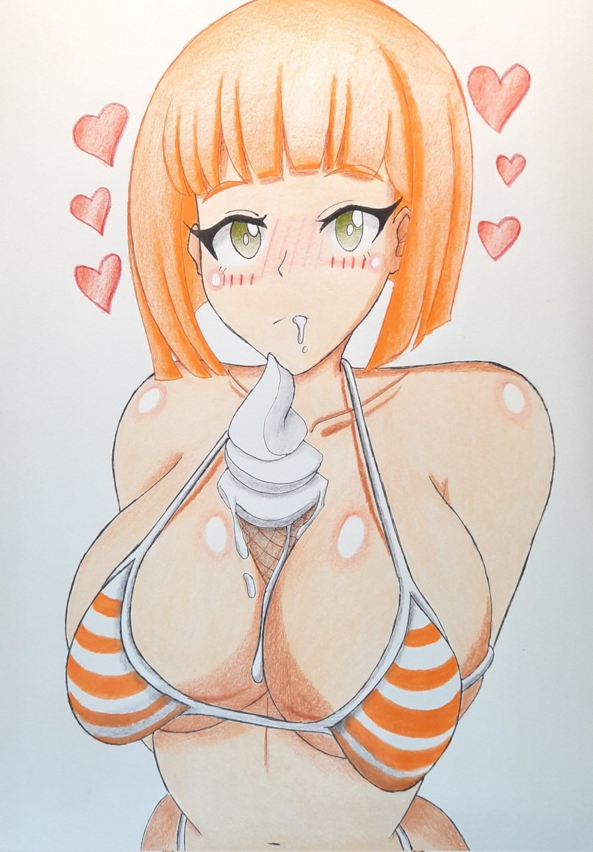 big_breasts bikini blush_lines food_between_breasts hearts_around_head huge_breasts ice_cream mcdonald's melting_ice_cream mom_(japanese_mcdonald's_commercial) object_between_breasts orange_hair solo striped_bikini yeokendrick yoru_mac