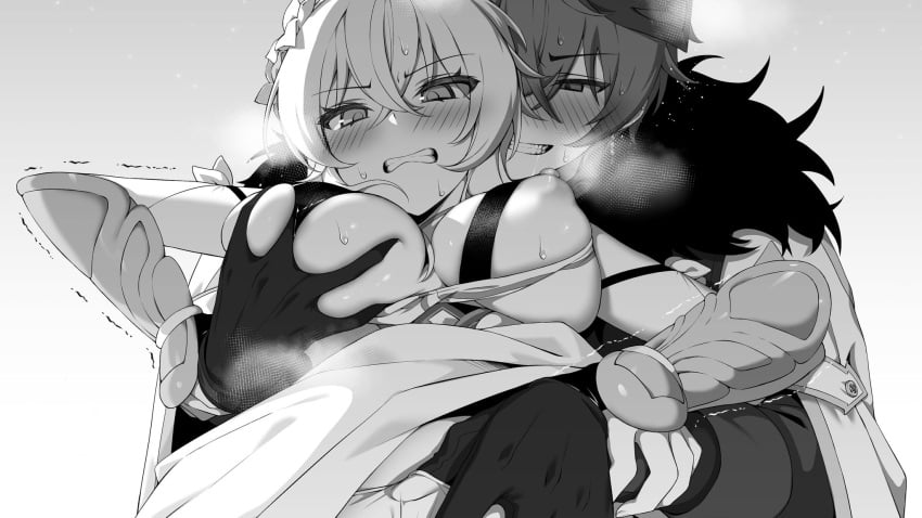 1boy 1girls blush breast_grab breast_squeeze breasts_out childe_(genshin_impact) deepinsiade genshin_impact greyscale hard_nipples ia_(ias1010) lumine_(genshin_impact) nipples_visible source_request straight struggling struggling_to_get_out tartaglia_(genshin_impact) undressing