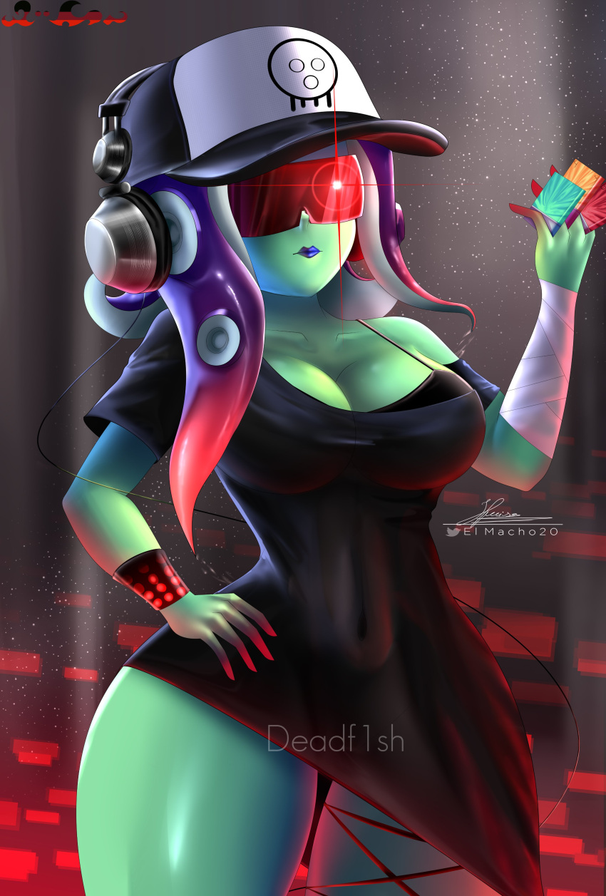 1girls acht_(splatoon) bandage big_breasts breasts cleavage clothed clothing curvy dedf1sh dress el_macho_20 female female_only glasses green_skin hat headphones holding_object lipstick octoling octoling_girl sanitized_octoling spelling_error splatoon splatoon_3:_side_order thick_thighs thighs wide_hips