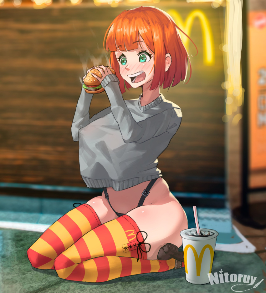 1girls artist_request beef big_ass big_breasts blush burger cup female female_only green_eyes hamburger jpeg legwear lettuce mcdonald's mom_(japanese_mcdonald's_commercial) nipples_visible_through_clothing nitoruyart no_bra orange_hair smile solo striped_legwear striped_thighhighs thick_thighs thighhighs tomato voluptuous_female yoru_mac