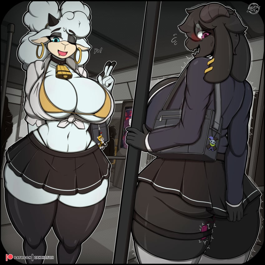 2023 2d 2d_(artwork) 2girls anthro anthro_only anthrofied ass big_ass big_breasts big_butt big_thighs bikini black_eyeshadow black_fur black_thighhighs blue_eyes blush bookbag bovid breasts caprine child_bearing_hips cleavage collar cowbell crop_top deltarune ear_piercing ear_piercings earring earrings eyeshadow female female_focus female_only furry furry_female furry_only glasses gloves goat hi_res highres hips lanolin_the_sheep large_ass large_breasts large_butt large_thighs lip_piercing midriff navel nervous peace_sign pink_eyes pulling_skirt ralsei rule_63 sheep short_skirt skimpy skimpy_clothes skindentation slim_waist smile smiling smiling_at_viewer sonic_(series) sonic_the_hedgehog_(comics) sonic_the_hedgehog_(idw) sonic_the_hedgehog_(series) suit thick_thighs thighhighs thighs train train_interior undertale undertale_(series) vibrator vibrator_cord white_fur wide_hips yellow_bikini zak_hitsuji