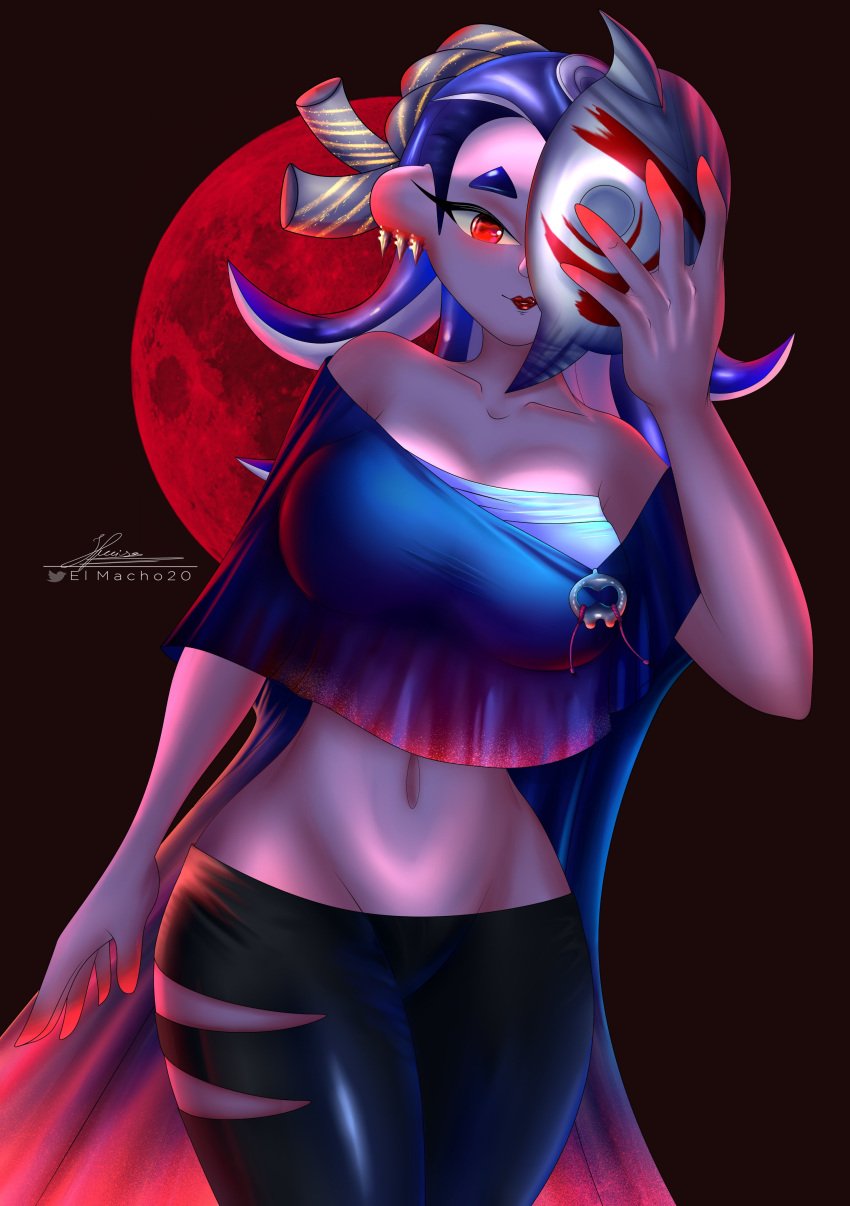 1girls big_breasts blue_hair breasts clothed clothing collarbone el_macho_20 female female_only fully_clothed headgear holding_object lipstick mask mask_partially_removed octoling octoling_girl red_eyes red_moon ripped_pants shiver_(splatoon) splatoon thick_thighs thighs