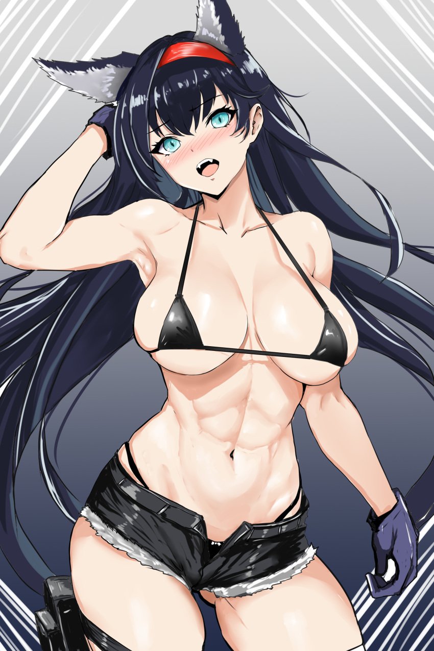 1girls 2023 abs animal_ears aqua_eyes arknights black_hair blaze_(arknights) blue_eyes blush bra breasts cat_ears catgirl collarbone gladiusfon gloves hi_res kemonomimi large_breasts light_skin light_skinned_female long_hair open_mouth shorts simple_background smile solo standing