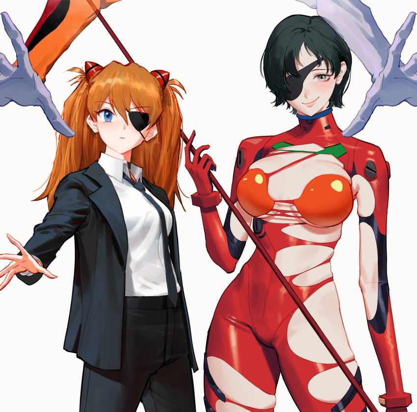 asuka_langley_sohryu big_ass big_breasts chainsaw_man cleavage cosplay costume_switch crossover crossover_cosplay eyepatch female female_only ghost_devil_(chainsaw_man) goes_hard himeno_(chainsaw_man) light-skinned_female neon_genesis_evangelion skin_tight skindentation smile standing thick_thighs torn_clothes wholesome wonbin_lee