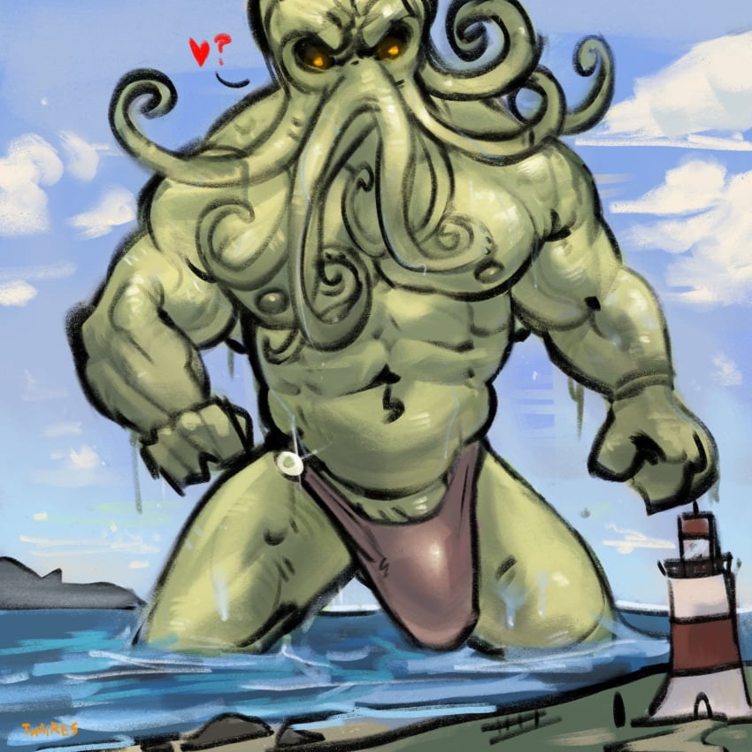 1boy 2023 abs artist_name bara barazoku big_bulge black_sclera bulge bulge_through_clothing cthulhu cthulhu_mythos green_skin h.p._lovecraft hi_res highres huge_bulge humanoid lighthouse lovecraftian male male_nipples male_only male_thong masculine mature_male monster muscles muscular muscular_male no_visible_genitalia orange_eyes pecs penis_bulge penis_outline smooth-skinned_male solo solo_male speedo tentacle tentacle_monster thaires thong underwear wet