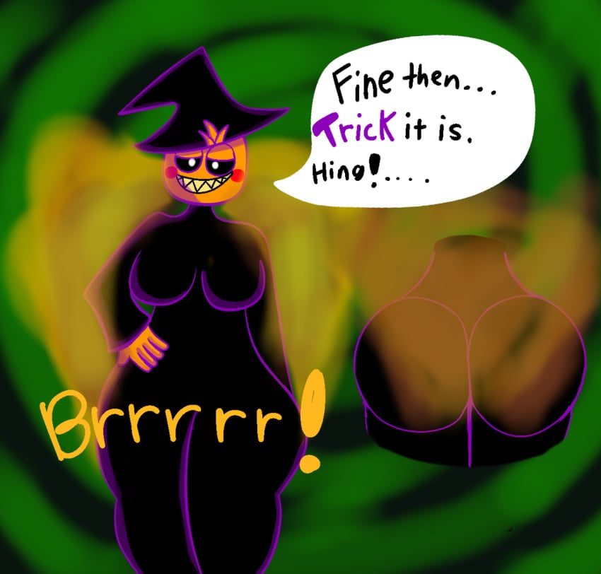 1girls breasts costume dudewooo fart fart_cloud fart_fetish farting female five_nights_at_freddy's five_nights_at_freddy's_2 halloween halloween_costume onomatopoeia toy_chica_(fnaf)