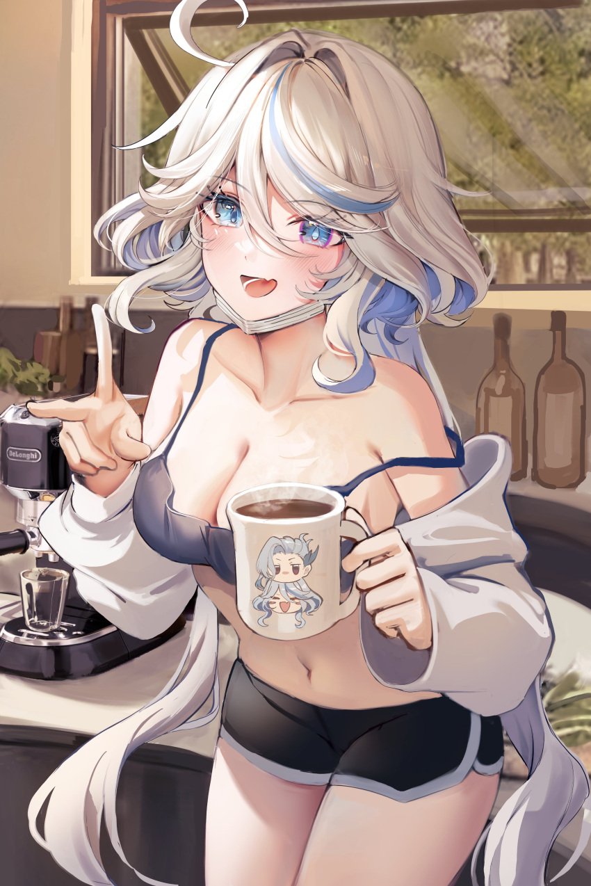 1female 1girl 1girls ahoge bare_shoulders black_shorts blue_eyes blue_hair cleavage coffee coffee_cup coffee_maker coffee_mug dasha dolphin_shorts drop-shaped_pupils female furina_(genshin_impact) genshin_impact heterochromia highres indoors light_blue_hair long_hair looking_at_viewer medium_breasts midriff multicolored_hair neuvillette_(genshin_impact) peace_sign skin_fang solo stomach strap_slip thighs white_hair