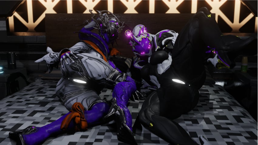 2girls 3d athletic_female blender_(software) facelesstrigger lying presenting protea_(warframe) protea_caladrius pussy saryn_(warframe) saryn_prime_(warframe) thick_thighs warframe wide_hips