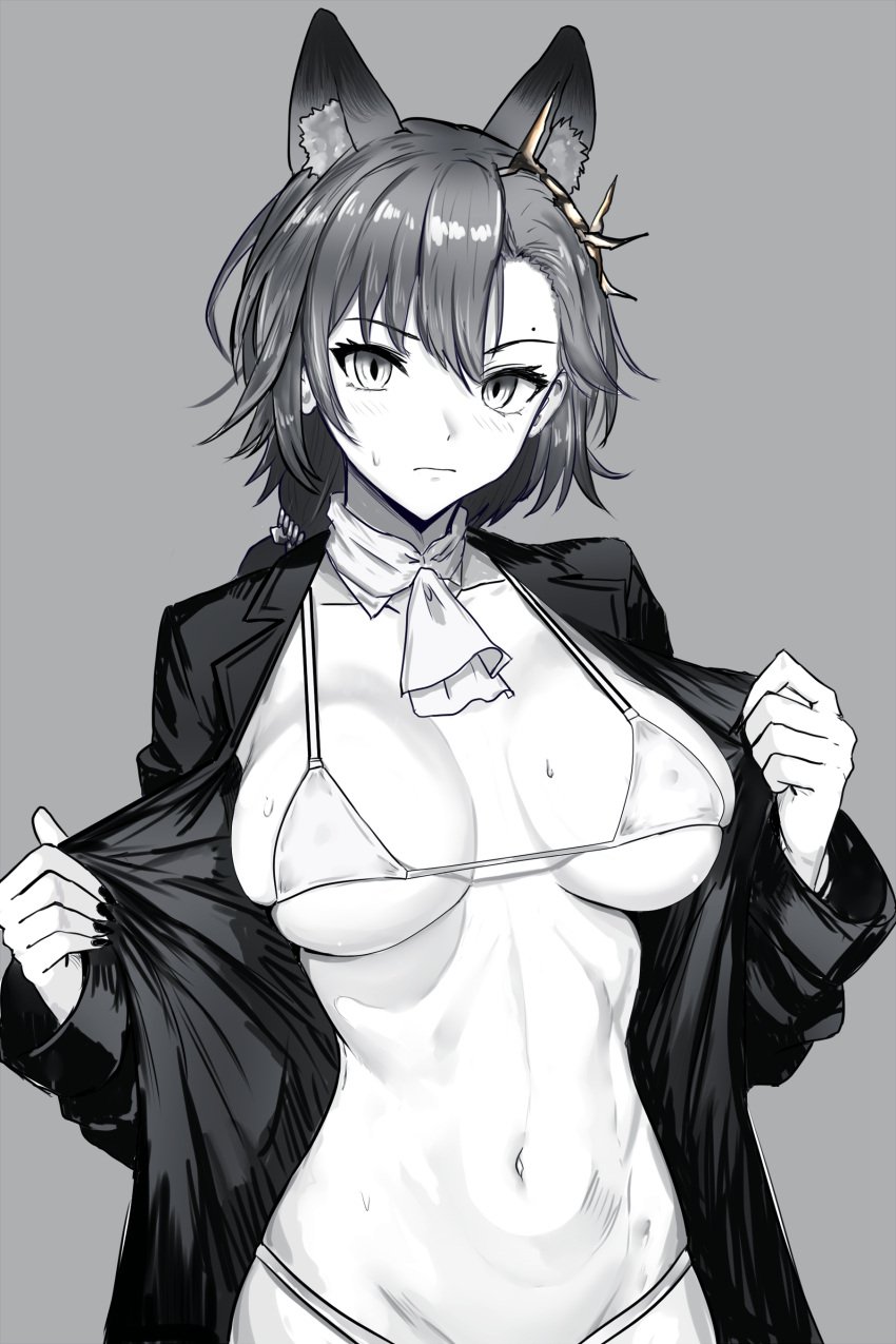 1girls 2023 animal_ear_fluff animal_ears arknights belly belly_button big_breasts black_and_white bra breasts embarassed gladiusfon hair_ornament hi_res jacket_open kemonomimi looking_at_viewer navel penance_(arknights) simple_background solo standing underwear upper_body wolf_ears wolf_girl