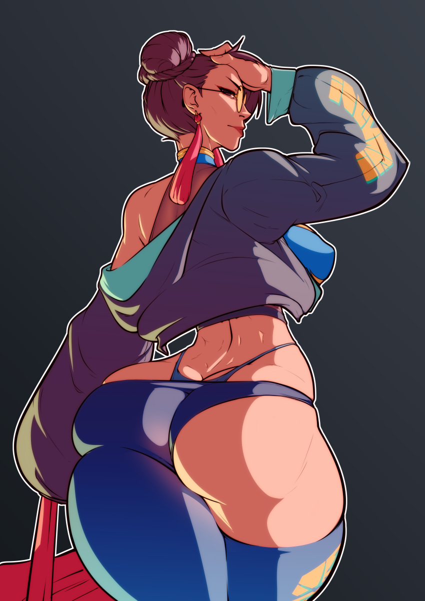 1girls big_ass blue_panties brown_eyes brown_hair chun-li from_behind hair_bun huge_ass looking_at_viewer panties short_hair street_fighter svenners svenspronfest thick_thighs thighhighs