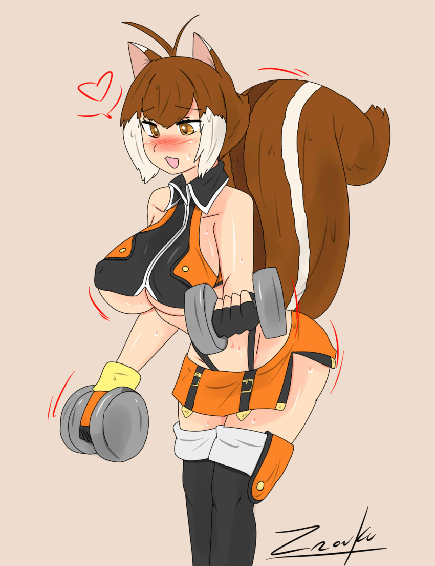 1girls anthro blazblue brown_eyes brown_hair clothed getting_horny lifting_weights makoto_nanaya squirrel_ears squirrel_girl squirrel_tail sweating weightlifting weights workout_clothes zronku