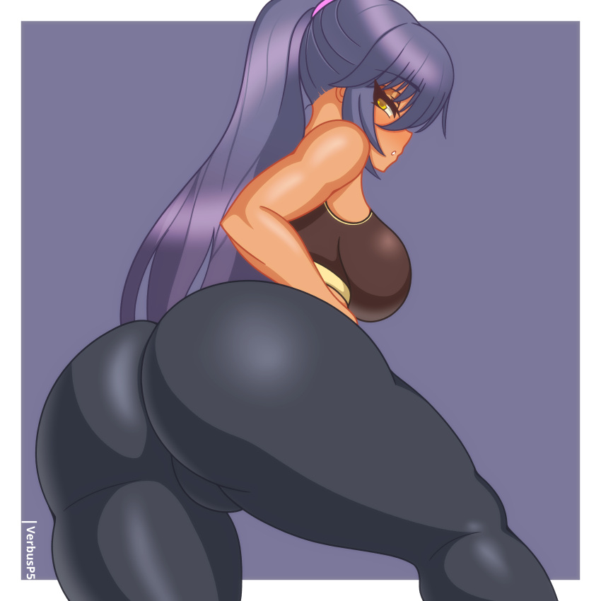 1girls ass ass_focus blush breasts chinatsu_(kuroonehalf) dark-skinned_female dark_skin female from_behind huge_ass leggings long_hair looking_at_viewer looking_back oc original original_character ponytail purple_background purple_hair rear_view solo sports_bra thick_thighs verbus watermark white_background yellow_eyes yoga_pants