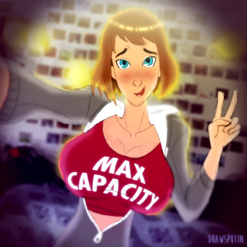 1girls 2d big_breasts blue_eyes blush breasts brown_hair drawsputin female freckles fully_clothed huge_breasts large_breasts life_is_strange lipstick max_caulfield no_penetration no_sex peace_sign pun selfie shirt smile solo solo_female text_on_clothing text_on_shirt zipper