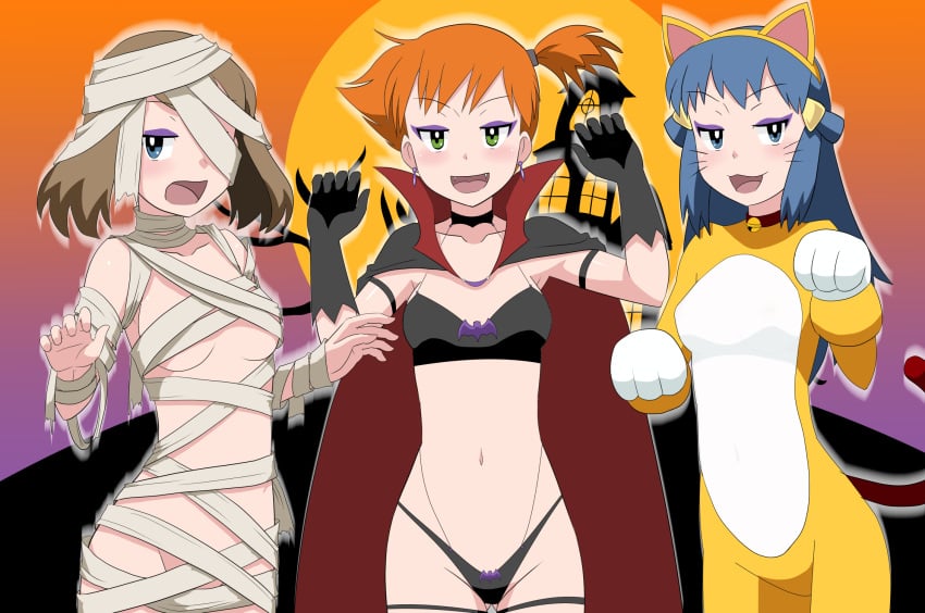 3girls animal_costume animal_ears blue_eyes blue_hair blush breasts brown_hair cat_costume cleavage coat collarbone creatures_(company) crop_top dawn_(pokemon) female female_only game_freak gloves halloween halloween_costume hat highres kakkii kasumi_(pokemon) legs long_hair looking_at_viewer makeup may_(pokemon) medium_breasts midriff miniskirt multiple_girls mummy mummy_costume navel nintendo open_clothes open_shorts orange_hair pink_skirt pokemon pokemon_(anime) pokemon_(classic_anime) pokemon_(game) pokemon_dppt pokemon_rse short_hair shorts skirt stomach tail takaya_n thong vampire vampire_costume very_long_hair white_background white_headwear