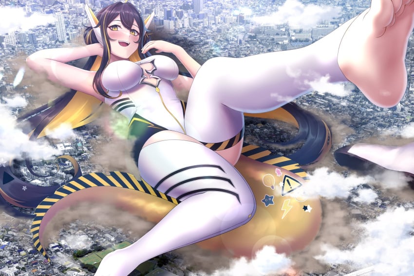 1girls barefoot breasts building city e-sekai eel eel_girl feet former_idol_corp_member giantess idol-en idol_corp juna_unagi large_breasts long_hair open_mouth smile virtual_youtuber