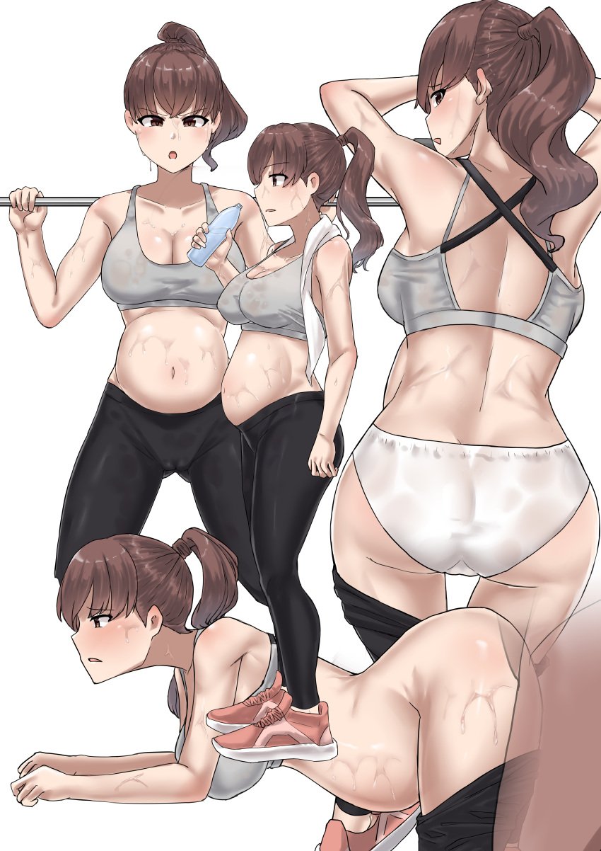 1boy absurdres alternate_costume alternate_hairstyle ass big_belly black_leggings bottle breasts brown_eyes clothed_sex comic exercise father_and_daughter female garylin grey_sports_bra highres holding holding_bottle incest kantai_collection large_breasts leggings leggings_pull long_hair navel ooi_(kantai_collection) panties ponytail pregnant sex sex_from_behind silent_comic sports_bra straight sweat water_bottle