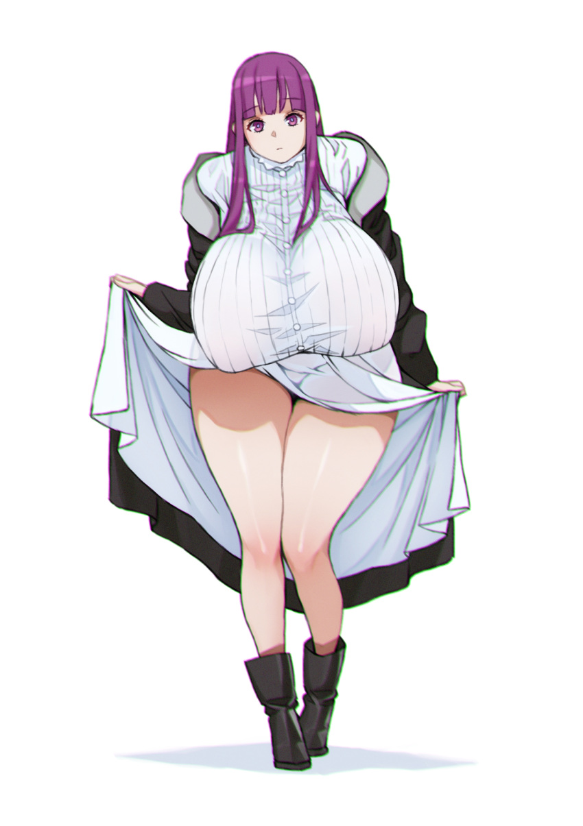 barely_visible_nipples expressionless fern_(sousou_no_frieren) full_body fully_clothed gigantic_breasts huge_thighs hunched_over nipple_bulge see-through skirt_lift slivokuch sousou_no_frieren thick_thighs upskirt wide_hips