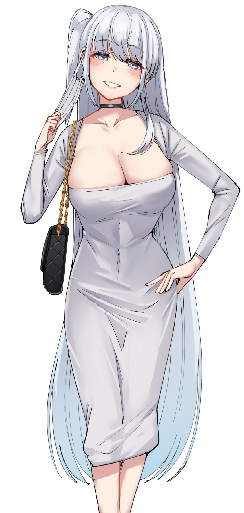 absurdres bag blush breasts choker cleavage collarbone cosplay dongtan_lady_(k_pring) dongtan_lady_(k_pring)_(cosplay) dress female fuyutsuki_(kantai_collection) grey_eyes grin hand_on_own_hip handbag highres kantai_collection kiritto large_breasts long_hair long_sleeves looking_at_viewer mask mouth_mask one_side_up sidelocks simple_background smile solo unworn_mask very_long_hair white_background white_dress