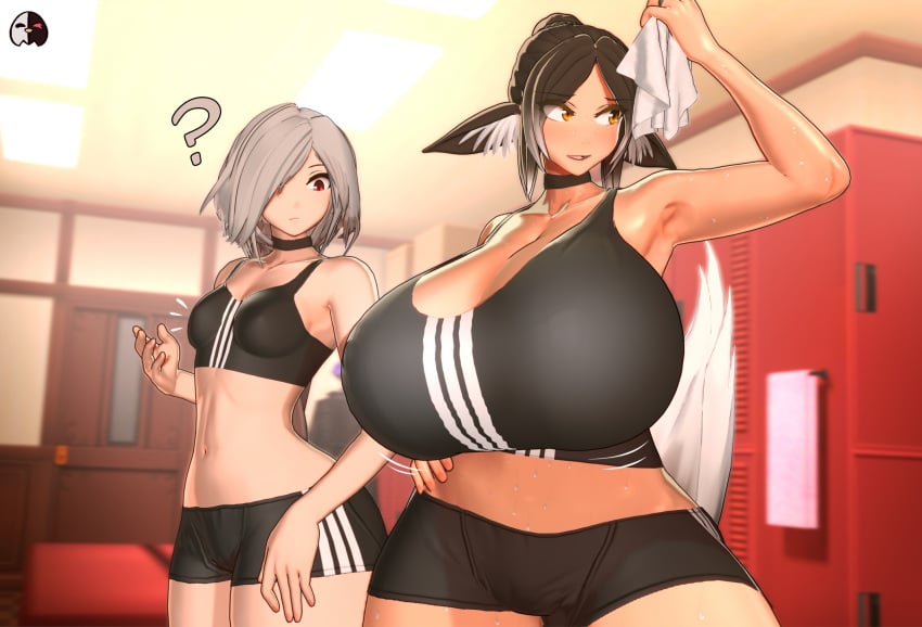 2girls 3d ? animal_ears armpits big_breasts breast_awe breast_size_difference breasts brown_hair choker covered_eye cute_birdd female gigantic_breasts gym_clothes huge_breasts larger_female light-skinned_female light-skinned_male light_skin medium_support_(meme) mika_(cute_birdd) no_text orange_eyes original pale_skin red_eyes size_difference small_breasts smaller_female tail vera_oshi_(cute_birdd) white_hair