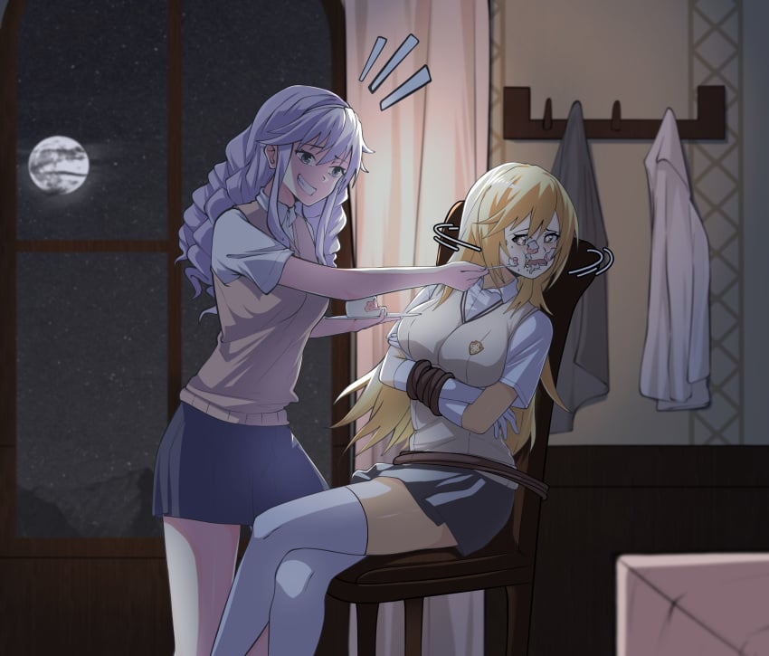 2girls blonde_hair bondage bound cake crying_with_eyes_open evil_grin female female_only femsub food_fetish food_play forced fully_clothed hokaze_junko purple_hair rope shokuhou_misaki stockings to_aru_kagaku_no_railgun to_aru_majutsu_no_index