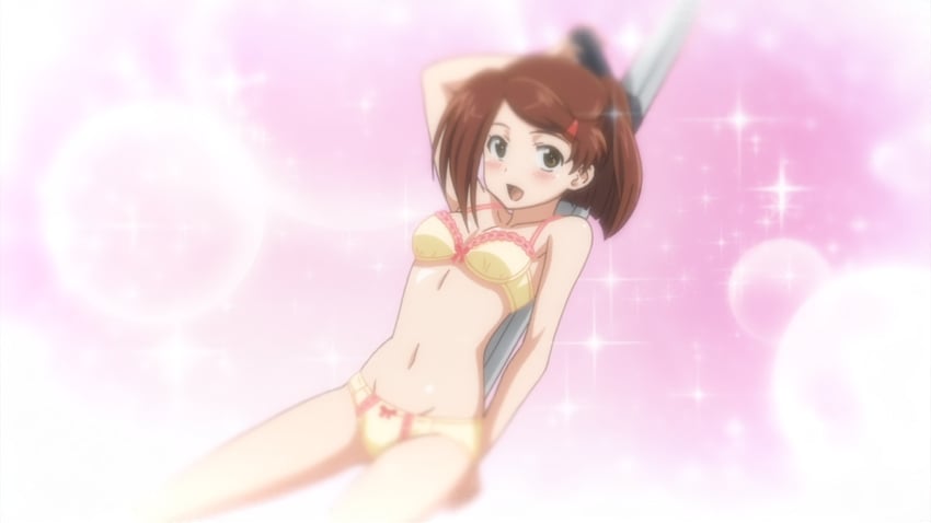 1girl 1girls arm_behind_back arm_up armpits artist_request bra breasts brown_hair female female_focus female_only kissxsis legs looking_at_viewer medium_breasts navel panties pole_dancing ponytail pose posing screencap smile solo solo_female stripper_pole suminoe_ako thighs yellow_eyes