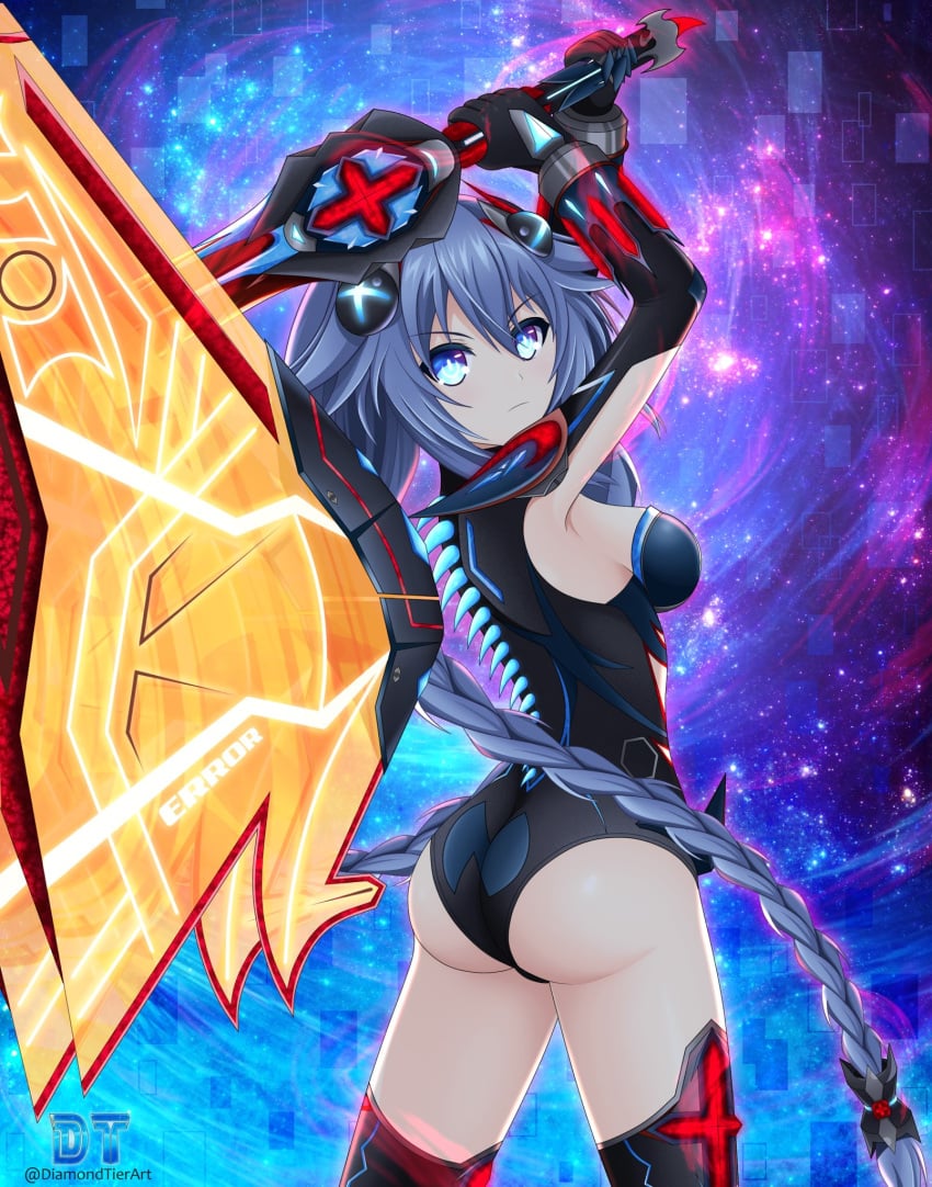 1girls 2023 arms_up ass big_ass big_breasts blue_eyes bodysuit braid breasts busty compile_heart corruption dark_persona fat_ass fighting_stance gloves huge_ass idea_factory large_breasts legs long_hair neptunia_(series) purple_hair purple_heart_(neptunia) serious sideboob sword thighs twin_braids very_long_hair weapon