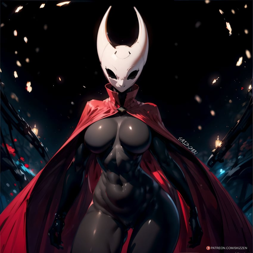 1girls 2_horns ai_generated animal_humanoid anthro anthropod athletic_female big_breasts black_body empty_eyes female front_view hollow_knight hornet_(hollow_knight) humanoid insect insect_girl mask masked_female red_cape skizzen solo standing team_cherry thin_waist wide_hips