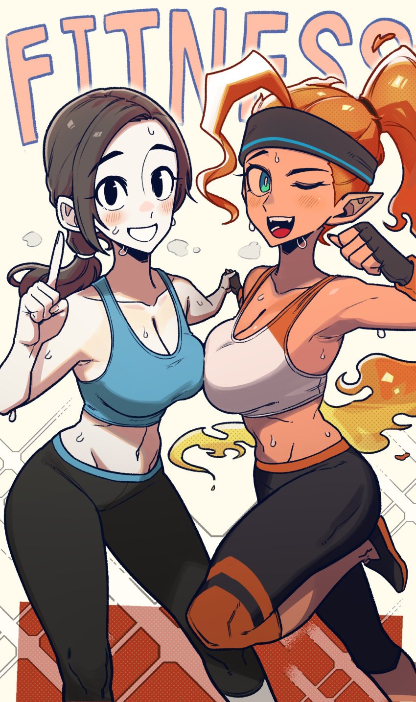 2girls breasts crossover female female_only nintendo pointy_ears powtaytow3333 ring_fit_adventure ring_fit_trainee_(female) tagme white_skin wii_fit wii_fit_trainer