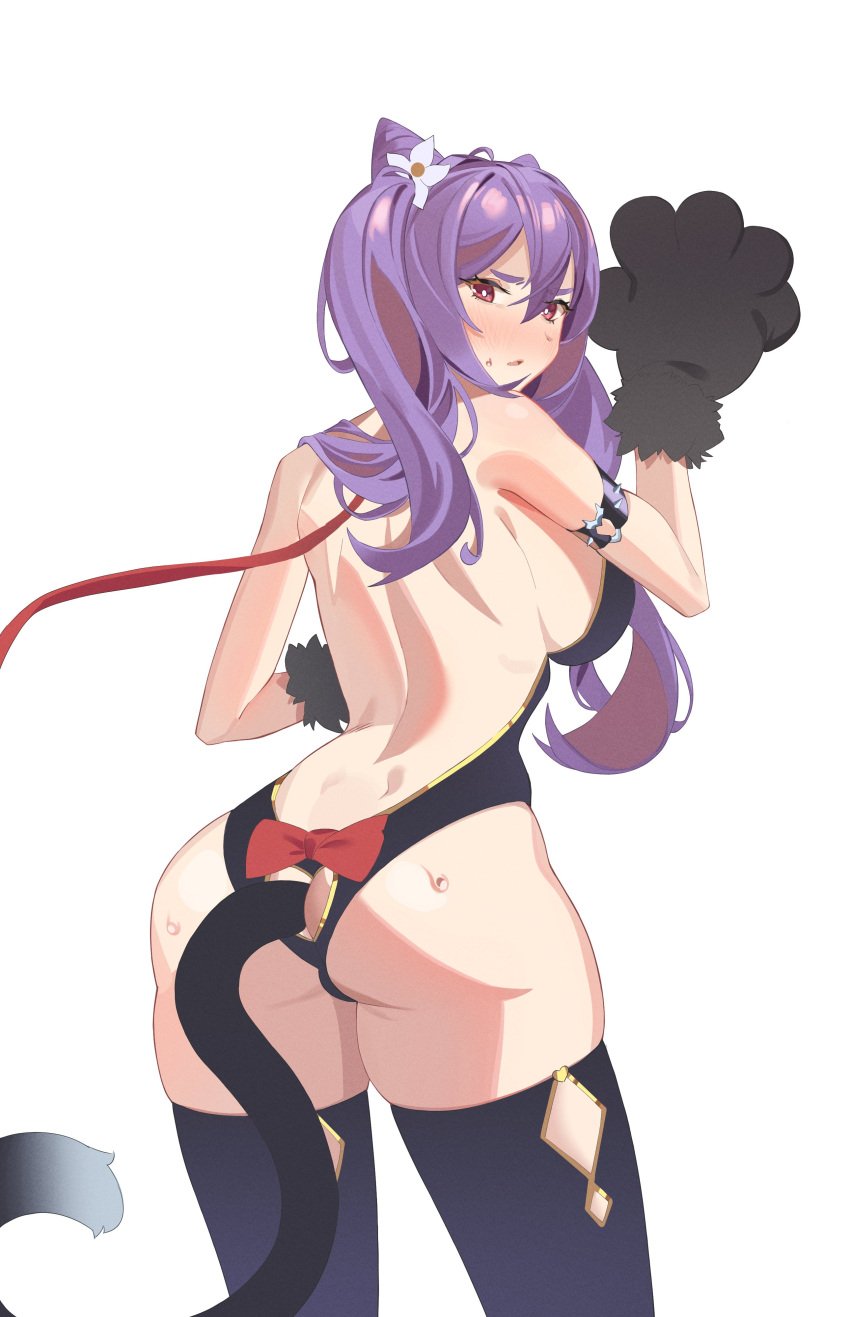 anal anal_access anal_tail ass ass_focus blush bowtie cat_costume catgirl female genshin_impact keqing_(genshin_impact) leash long_hair looking_at_viewer looking_back paw_gloves pixxel purple_eyes purple_hair tail tail_plug thighhighs twintails