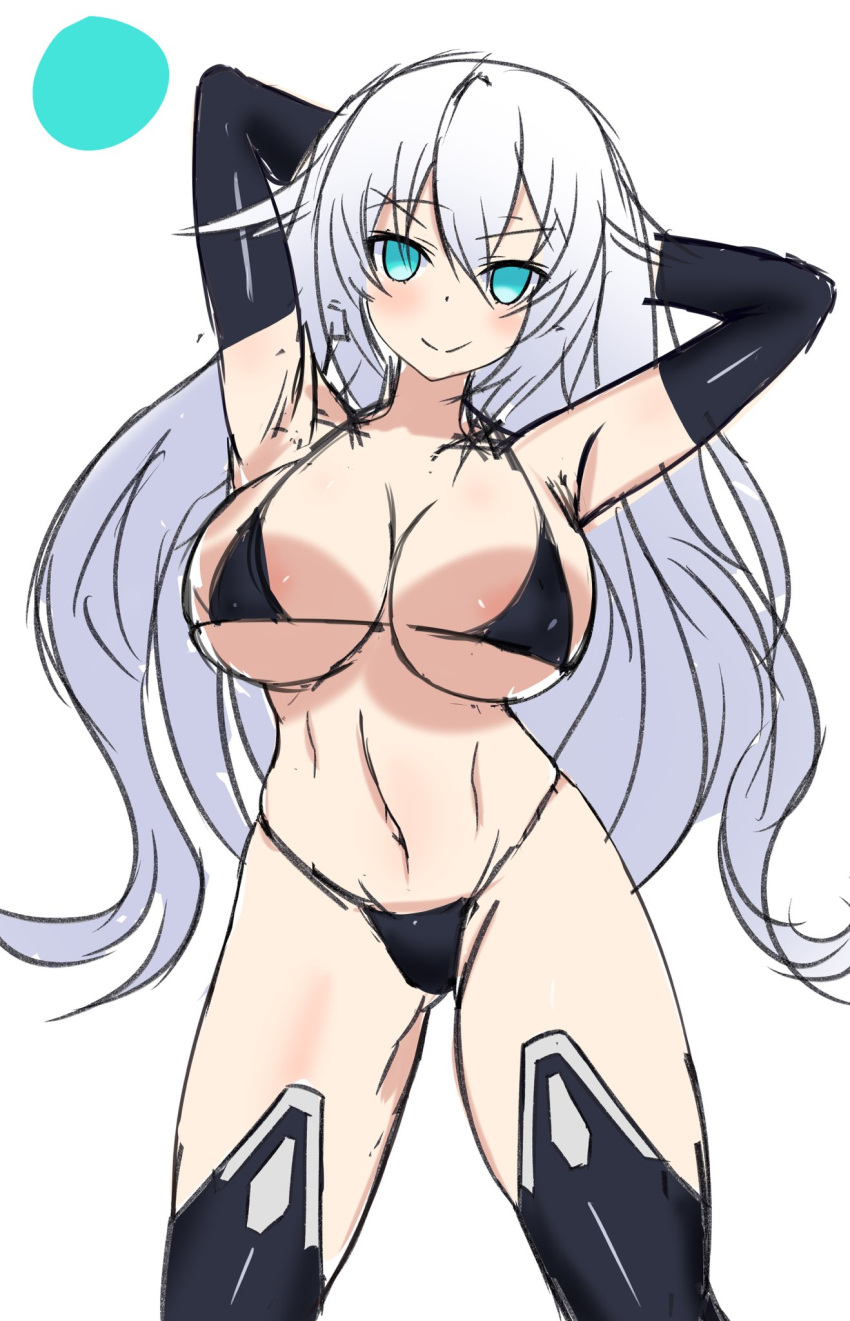 1girls aqua_eyes armpits arms_behind_head bad_id bad_twitter_id big_breasts bikini black_bikini black_heart breasts busty cleavage confident hi_res highres large_breasts legs looking_at_viewer navel neptunia_(series) pose posing seductive_smile sensual smile solo stiris_rangetsu swimsuit thighs voluptuous white_hair