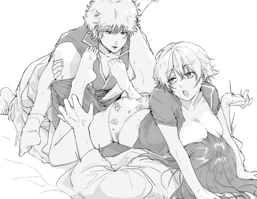 1girls 2boys barefoot bisexual bisexual_male breasts_on_head breasts_out canon_genderswap cleavage dual_persona feet_up female genderswap_(mtf) ginko_sakata gintama gintoki_sakata haori implied_sex japanese_clothes katsura_kotarou kimono long_hair_male lying_on_person male malesub mew_(pixiv) mmf_threesome monochrome no_bra on_back on_stomach open_shirt panties questionable_consent rule_63 short_hair soles strawberry_print threesome very_short_hair yaoi