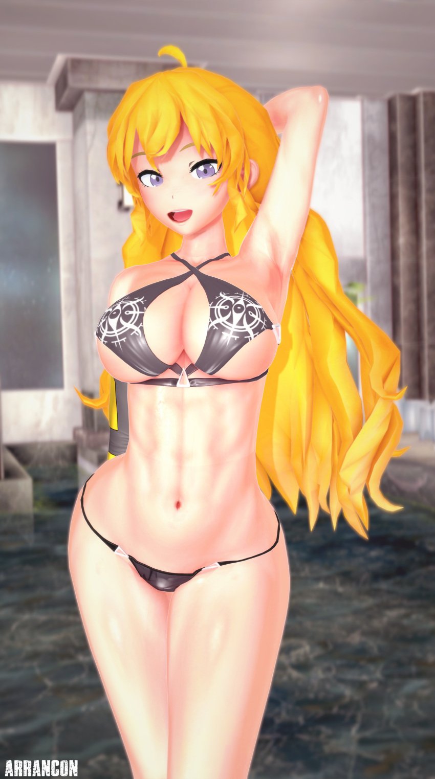 1girls arms_behind_head arrancon bikini blonde_female blonde_hair grimmed posing purple_eyes rwby yang_xiao_long